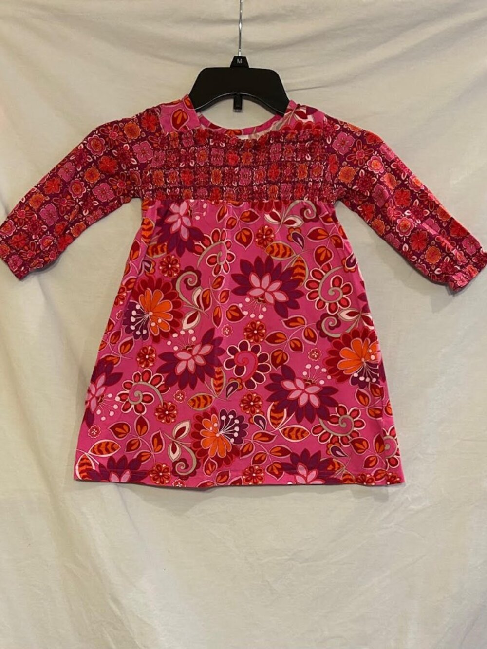 Hanna Andersson Girls Size 3 90cm Pink Flower Long Sleeve Ruched Front Dress